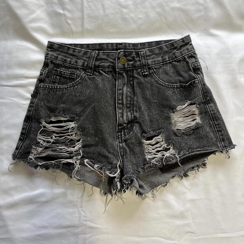 Shein acid black distressed high waist denim shorts size Small